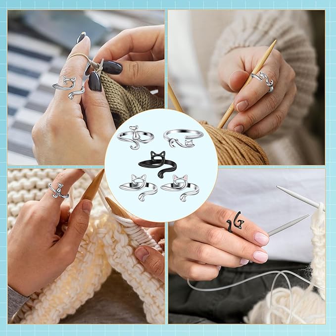 Knitting Ring - Silver Cat