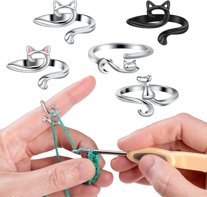 Knitting Ring - Silver Cat
